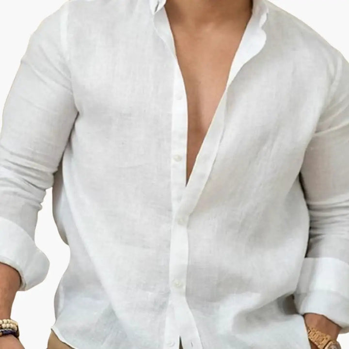 Point Collar Long Sleeve Button Down Relaxed Fit Linen Shirt