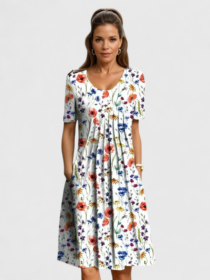Short Sleeve Floral Knee Length Dress Loose Fit
