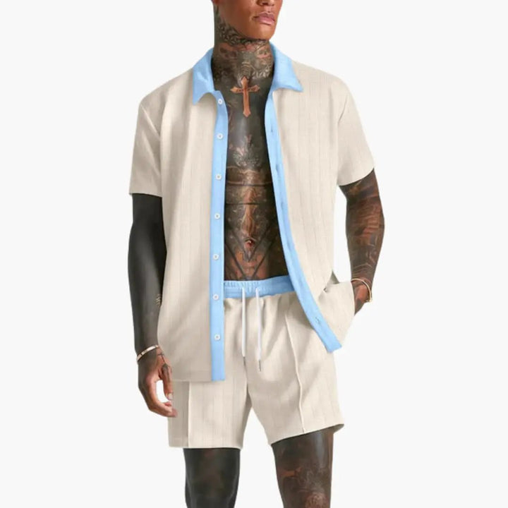 Contrast Trim Short Sleeve Shirt and Drawstring Short Matching Set