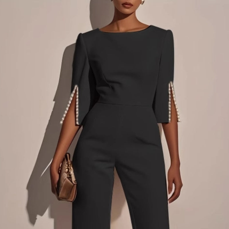 Pearl Trim Split Sleeve Bateau Neck Wide Leg Formal Jumpsuit