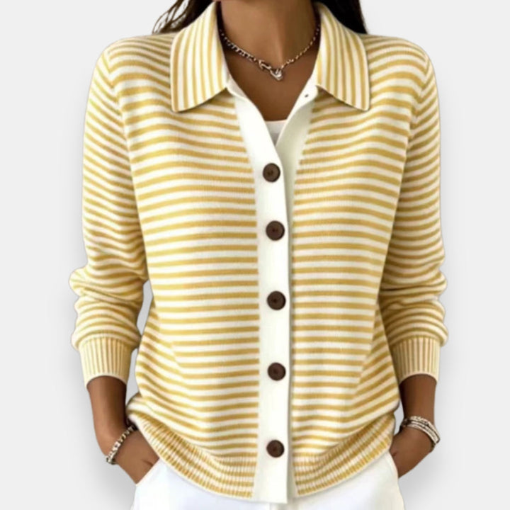 Larissa | Women's Striped Polo Collar Cardigan Sweater with Button Front