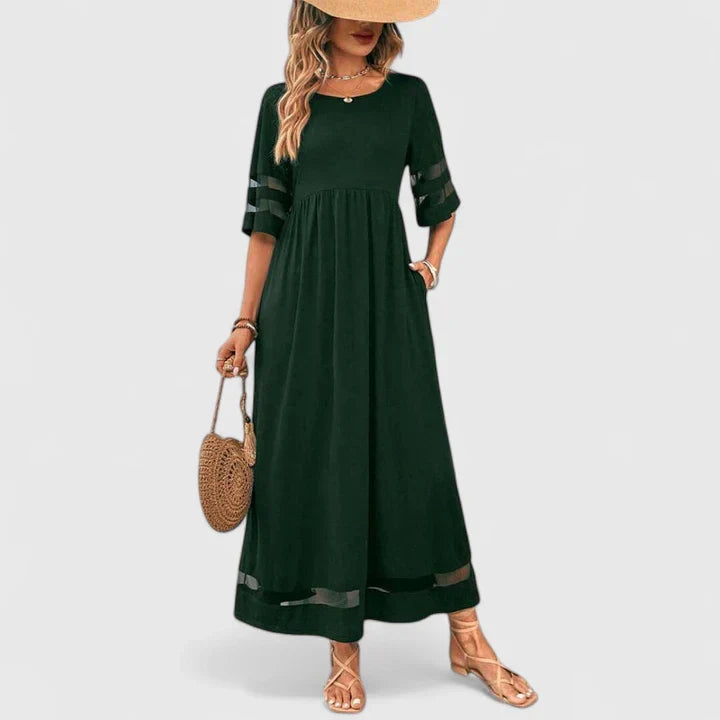 Short Sleeve Loose Fit Maxi Dress Mesh Detail