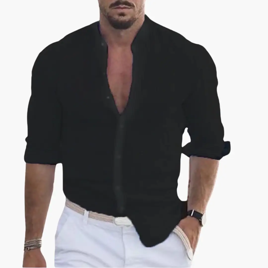 Band Collar Button Through Roll Sleeve Relaxed Linen Shirt