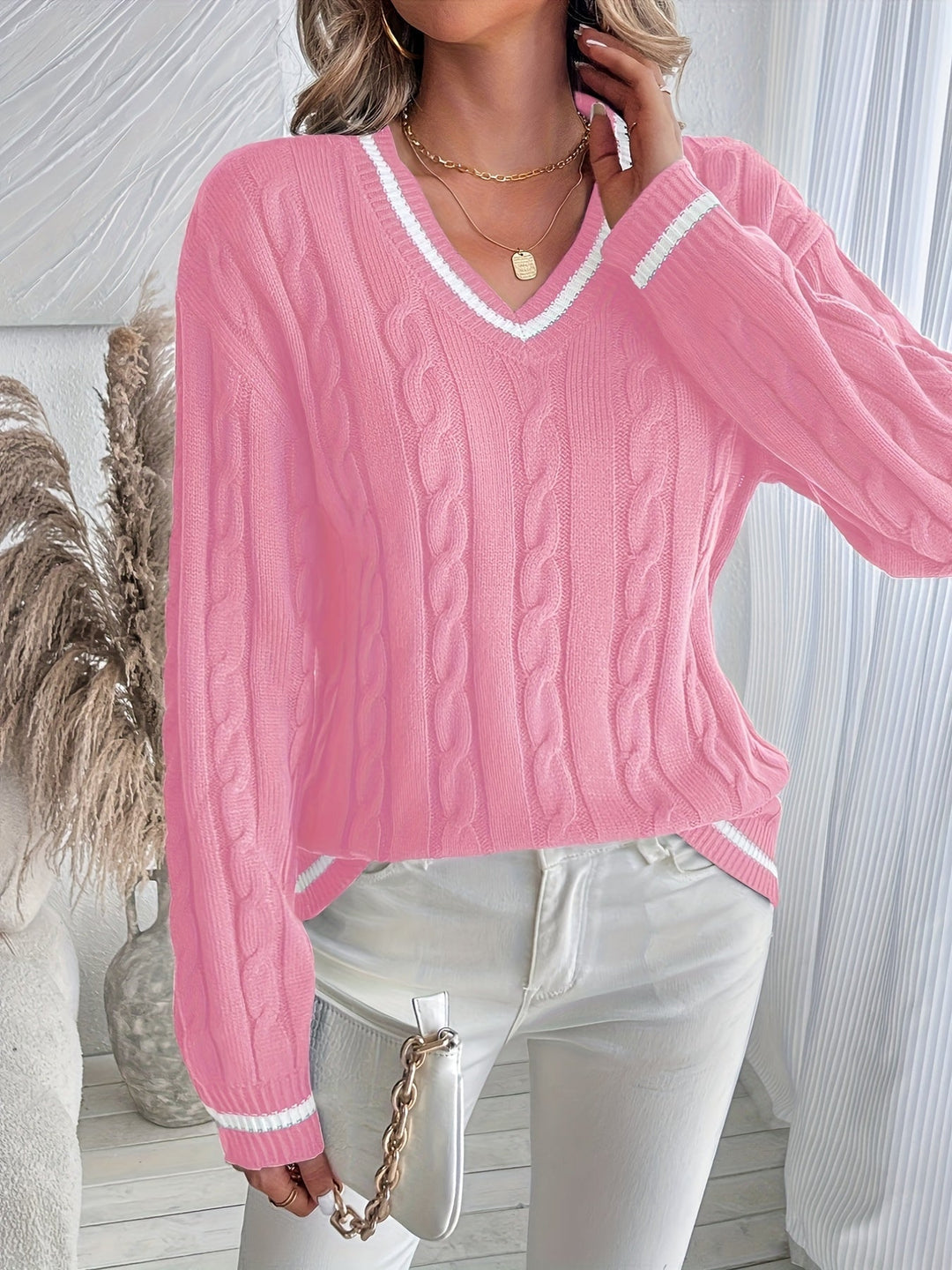 Verona | Women's Oversized Varsity Stripe V-Neck Pullover Sweater in Cable Knit