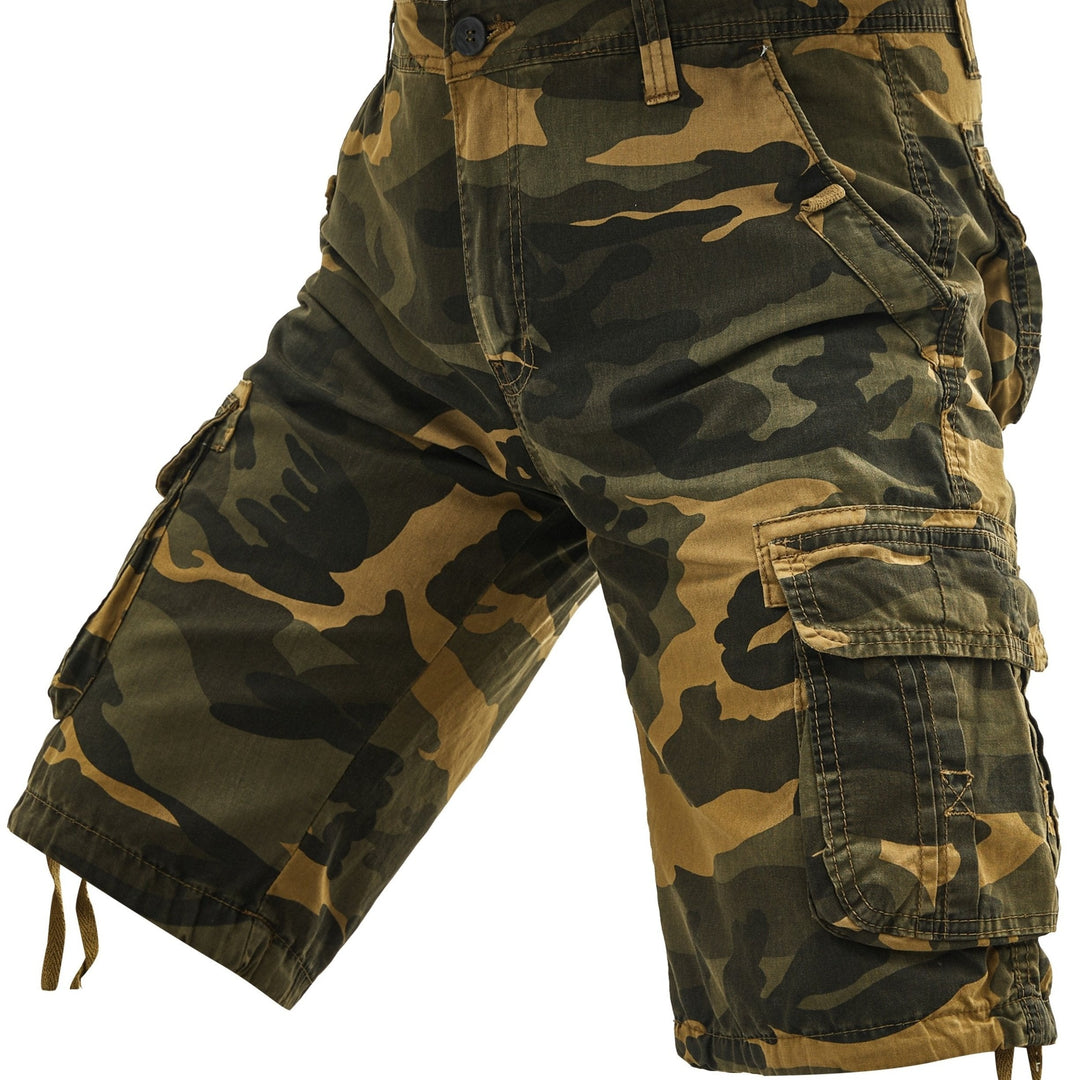 Camo Print Multi Pocket Drawstring Hem Relaxed Fit Mens Cargo Shorts
