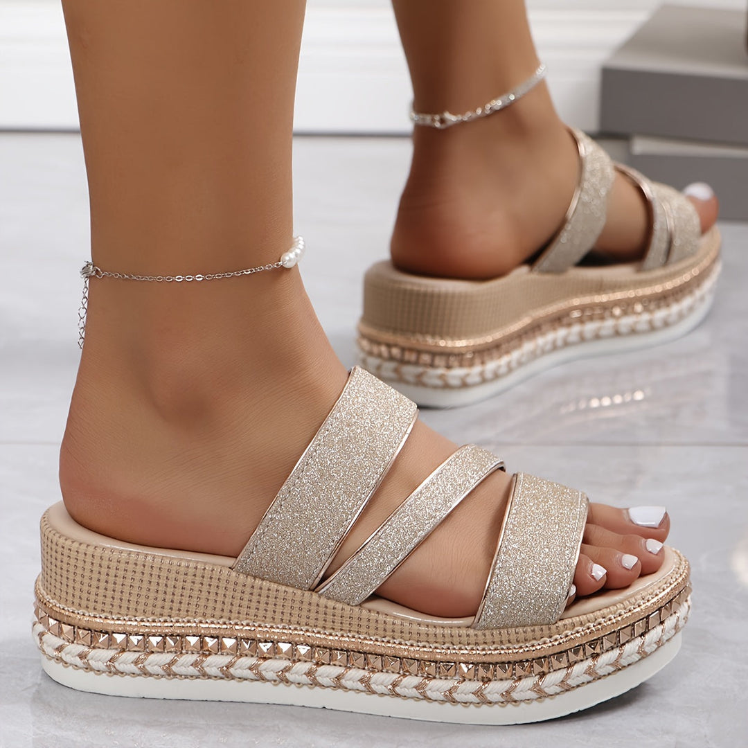 Triple Glitter Strap Studded Sole Espadrille Platform Wedge
