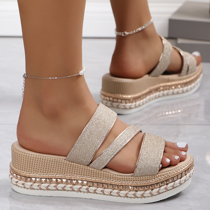 Triple Glitter Strap Studded Sole Espadrille Platform Wedge