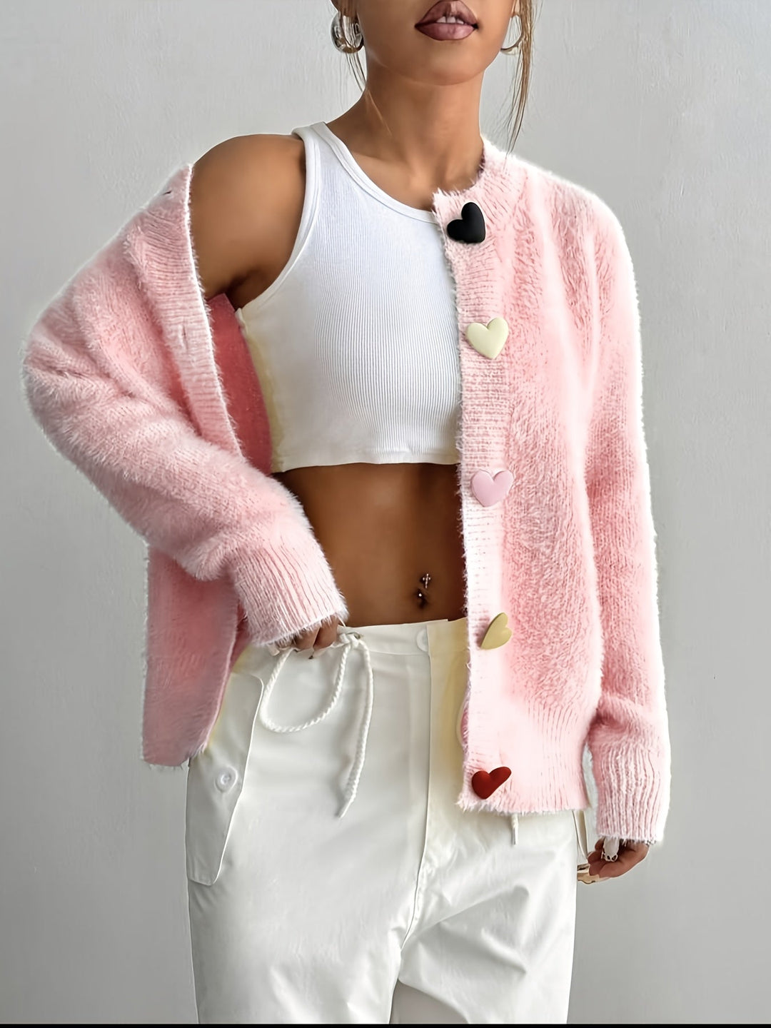 Sable | Women's Fuzzy Round Neck Cardigan with Multicolour Heart Buttons
