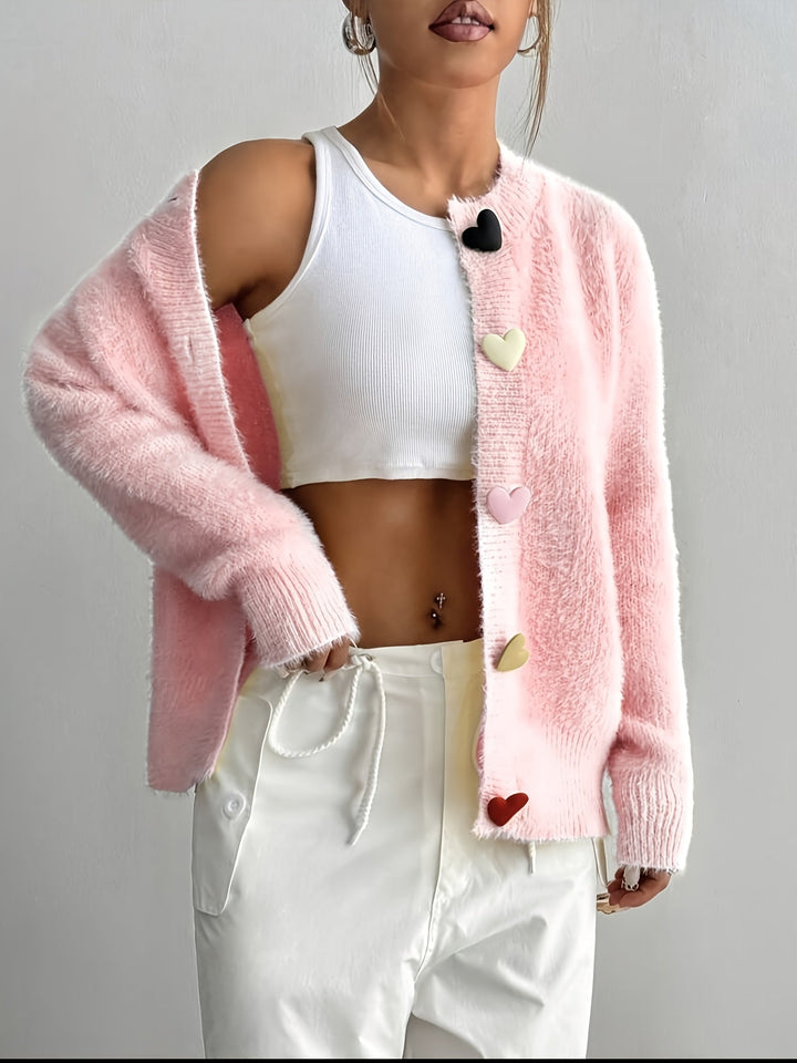 Sable | Women's Fuzzy Round Neck Cardigan with Multicolour Heart Buttons