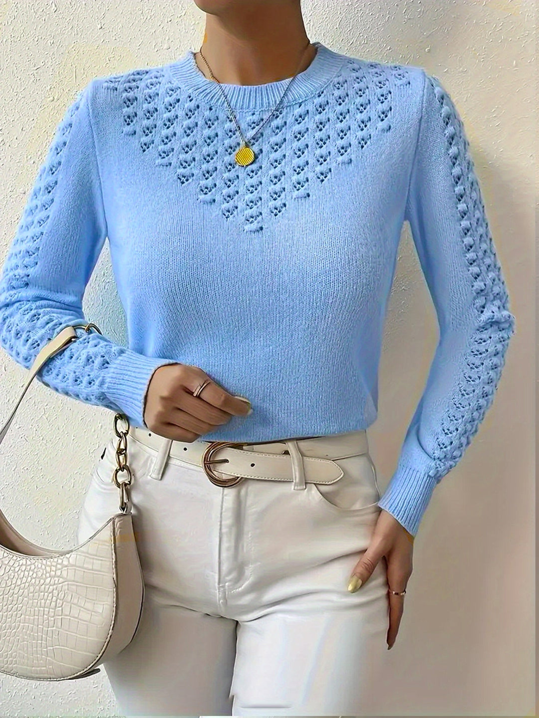 Guinevere | Women's Pointelle Knit Crew Neck Sweater