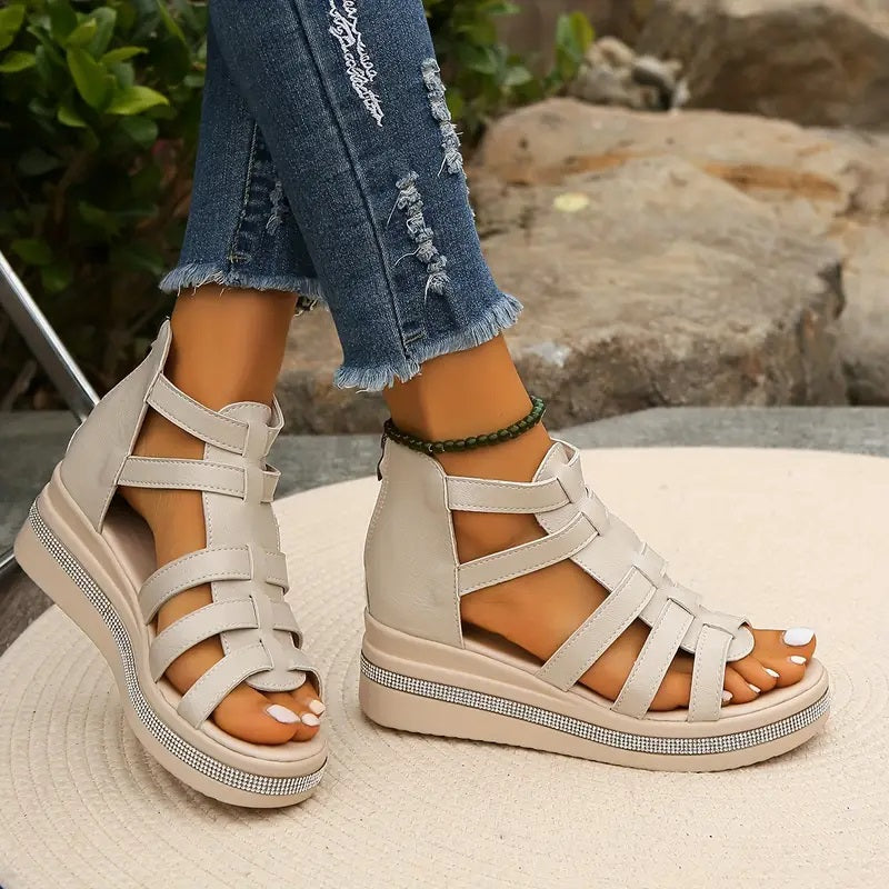 Caged Multi Strap Back Zip Rhinestone Trim Platform Sandal