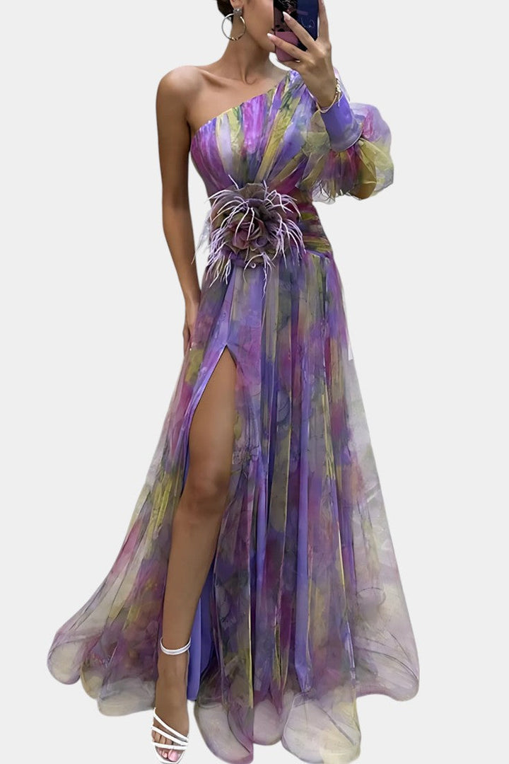 One Shoulder Floral Maxi Dress with High Split