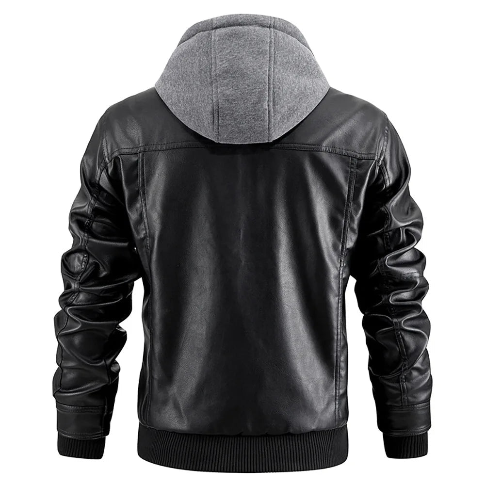 Silas | Men's PU Leather Hooded Jacket with Quilted Panels