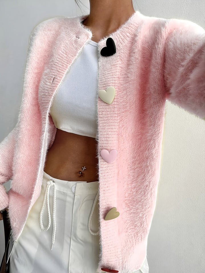 Sable | Women's Fuzzy Round Neck Cardigan with Multicolour Heart Buttons