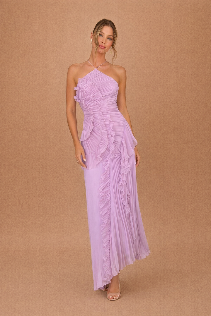 Elegant Ruffle Pleated Maxi Dress