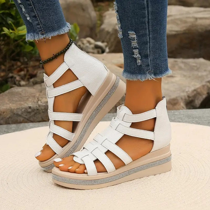 Caged Multi Strap Back Zip Rhinestone Trim Platform Sandal