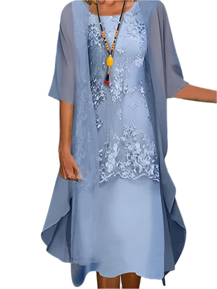 Floral Lace Two Piece Chiffon Midi Dress Wedding Guest