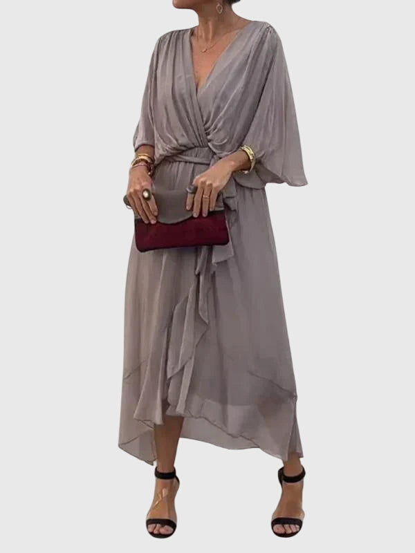 V Neck Belted Wrap Midi Dress Flowy Fit