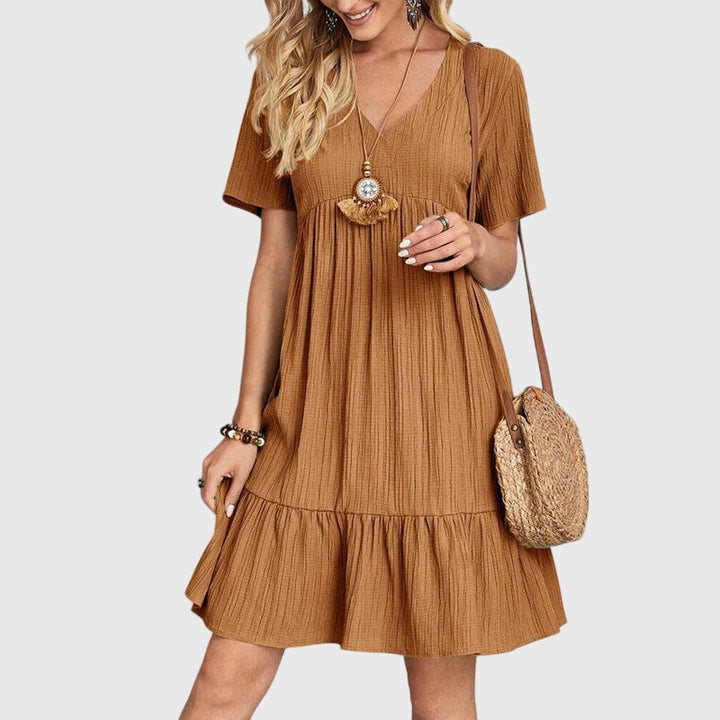 Short Sleeve V Neck Smock Mini Dress