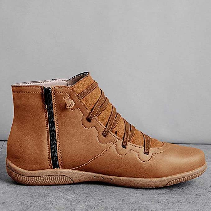 Cross Lace Side Zip Flat Sole Leather Casual Ankle Boot