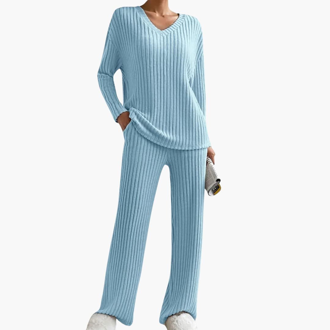 Lucienne | Women's Ribbed V Neck Sweater Wide Leg Pants Set
