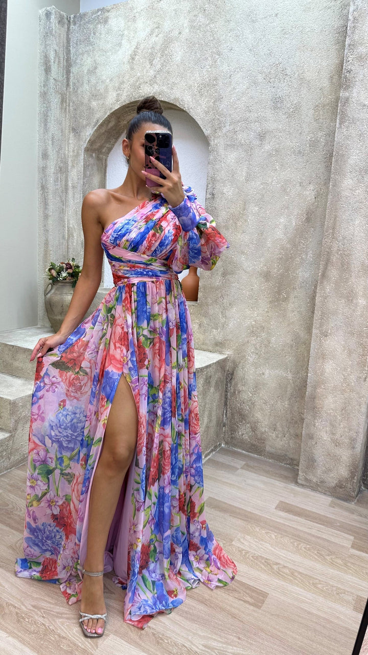 Floral One Shoulder Chiffon Maxi Dress - Wedding Guest Formal