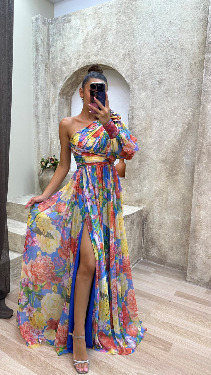 Floral One Shoulder Chiffon Maxi Dress - Wedding Guest Formal