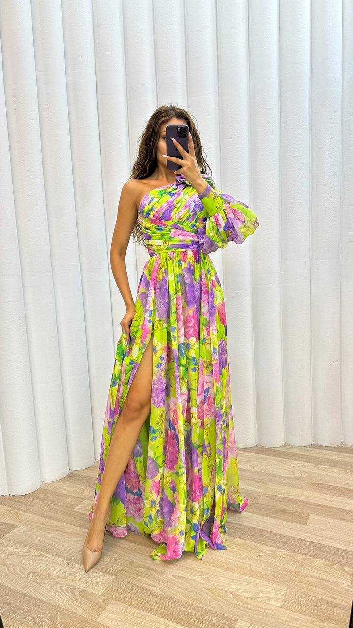 Floral One Shoulder Chiffon Maxi Dress - Wedding Guest Formal