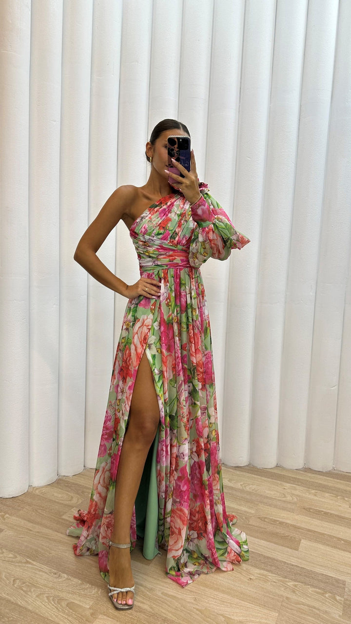 Floral One Shoulder Chiffon Maxi Dress - Wedding Guest Formal