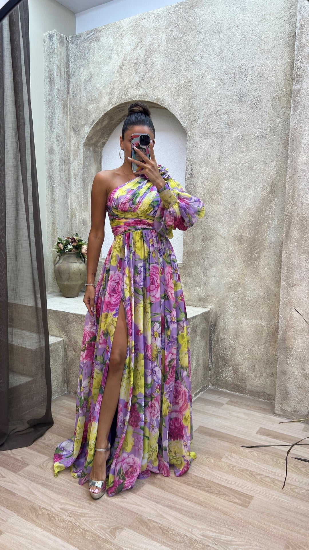 Floral One Shoulder Chiffon Maxi Dress - Wedding Guest Formal