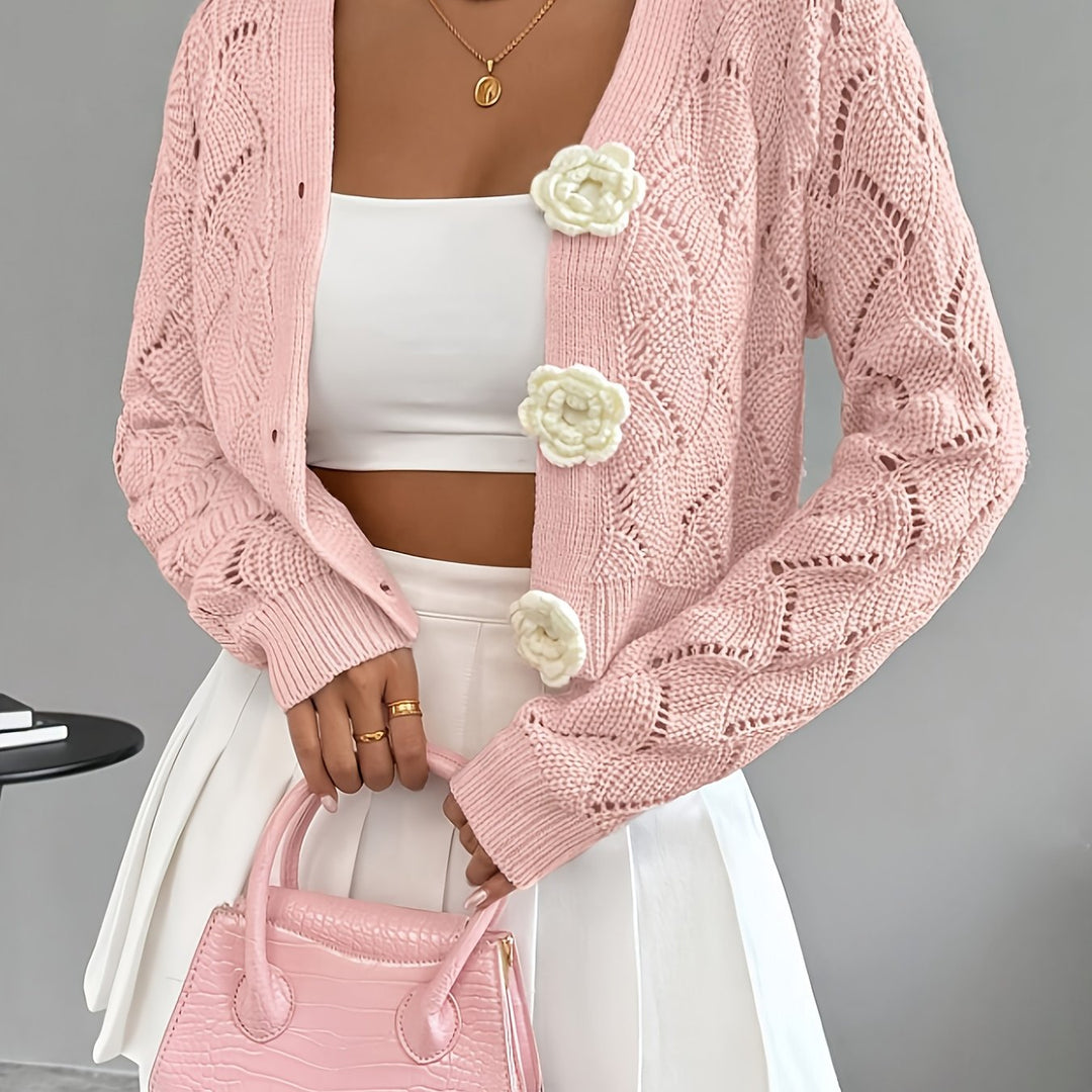 Marigold | Women's Scalloped Crochet Cardigan with 3D Rose Buttons