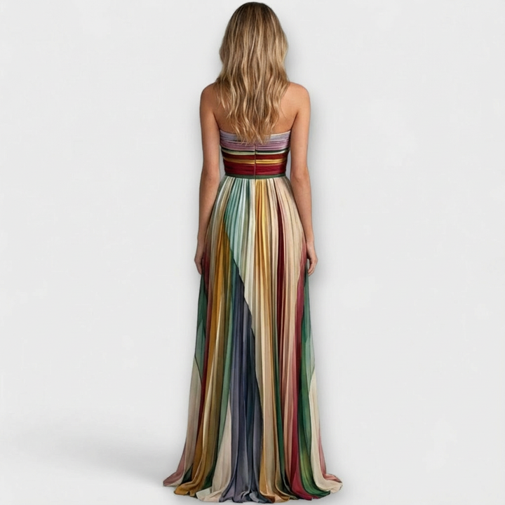 Women's Striped Strapless Maxi Dress Pleated Evening Gown Formal