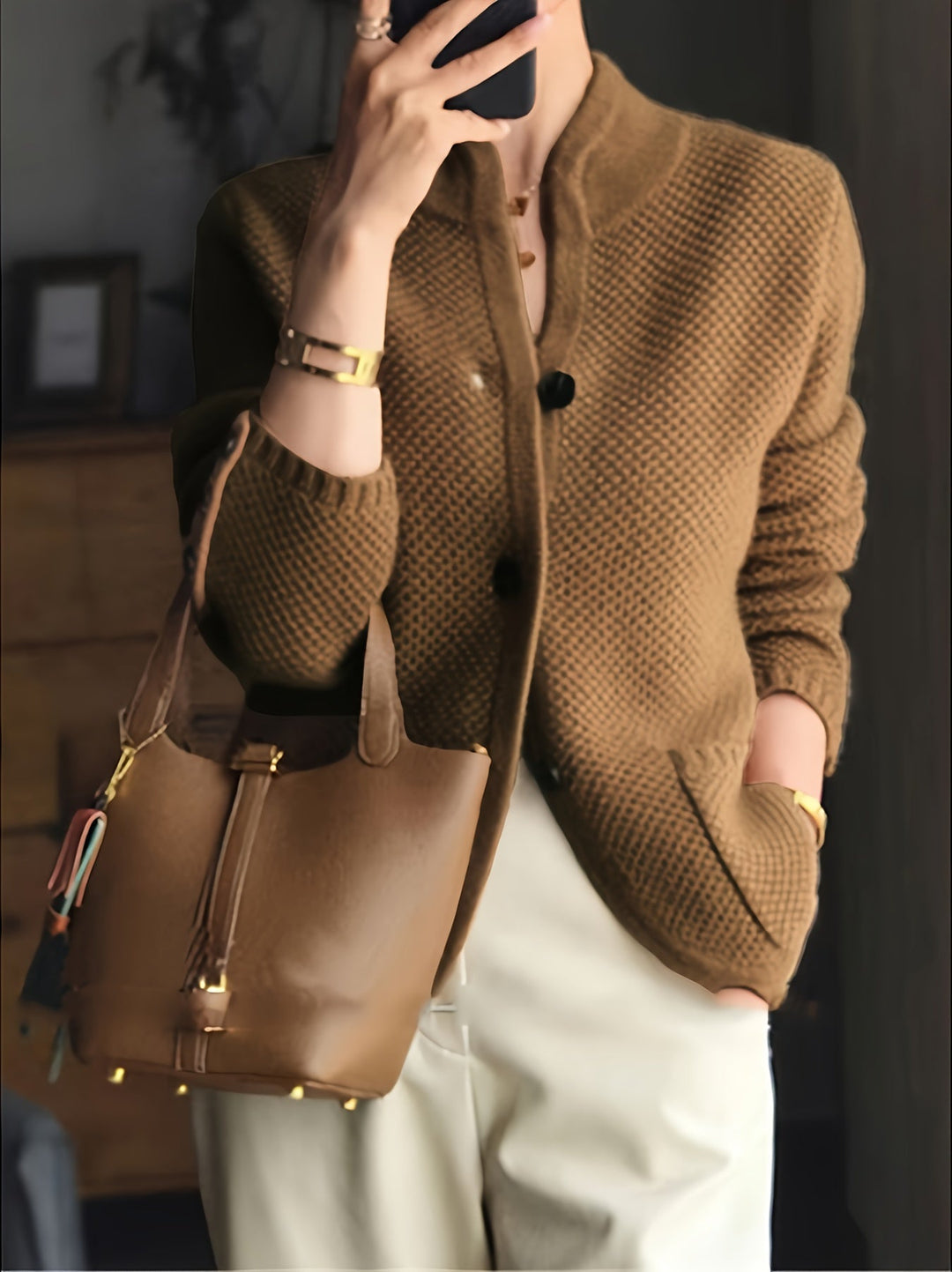 Genevieve | Women's Waffle Knit Button Cardigan with Patch Pockets