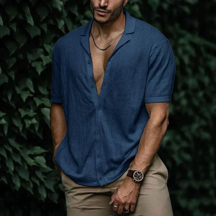 Ribbed Knit Camp Collar Short Sleeve Button Down Mens Casual Shirt