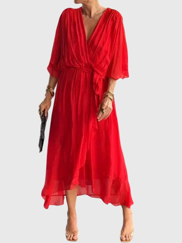V Neck Belted Wrap Midi Dress Flowy Fit