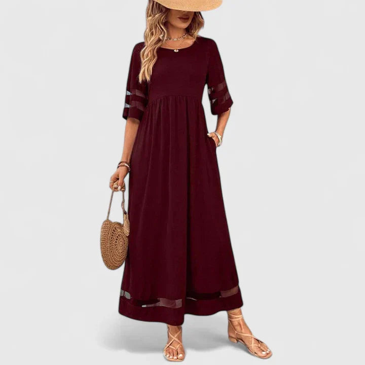 Short Sleeve Loose Fit Maxi Dress Mesh Detail
