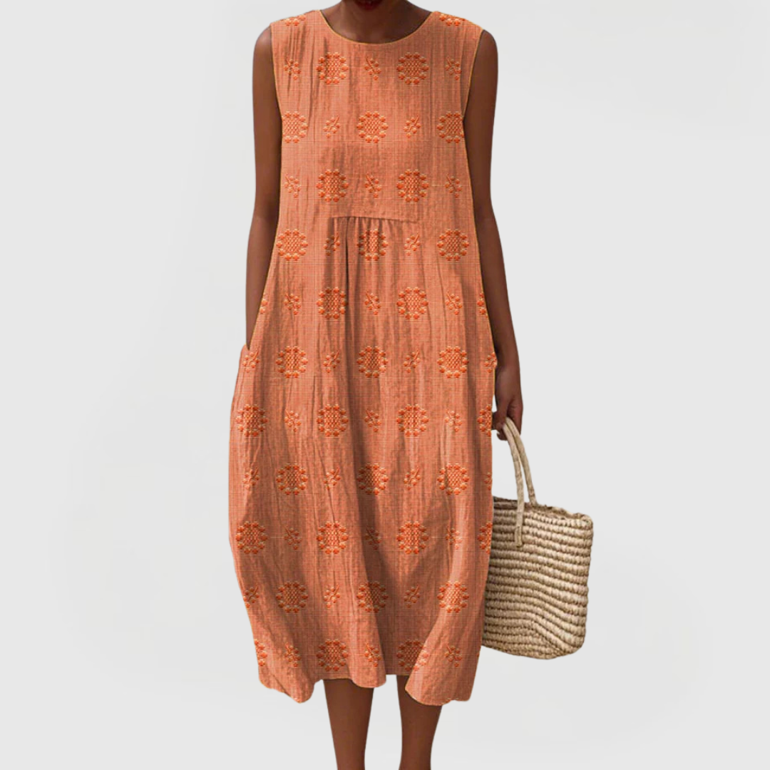 Loose Fit Sleeveless Midi Summer Dress With Pockets