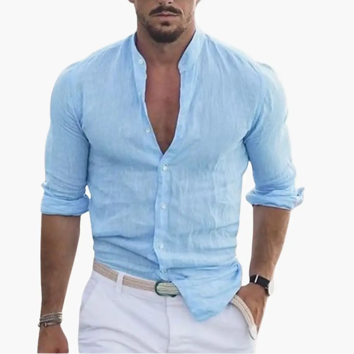 Band Collar Button Through Roll Sleeve Relaxed Linen Shirt