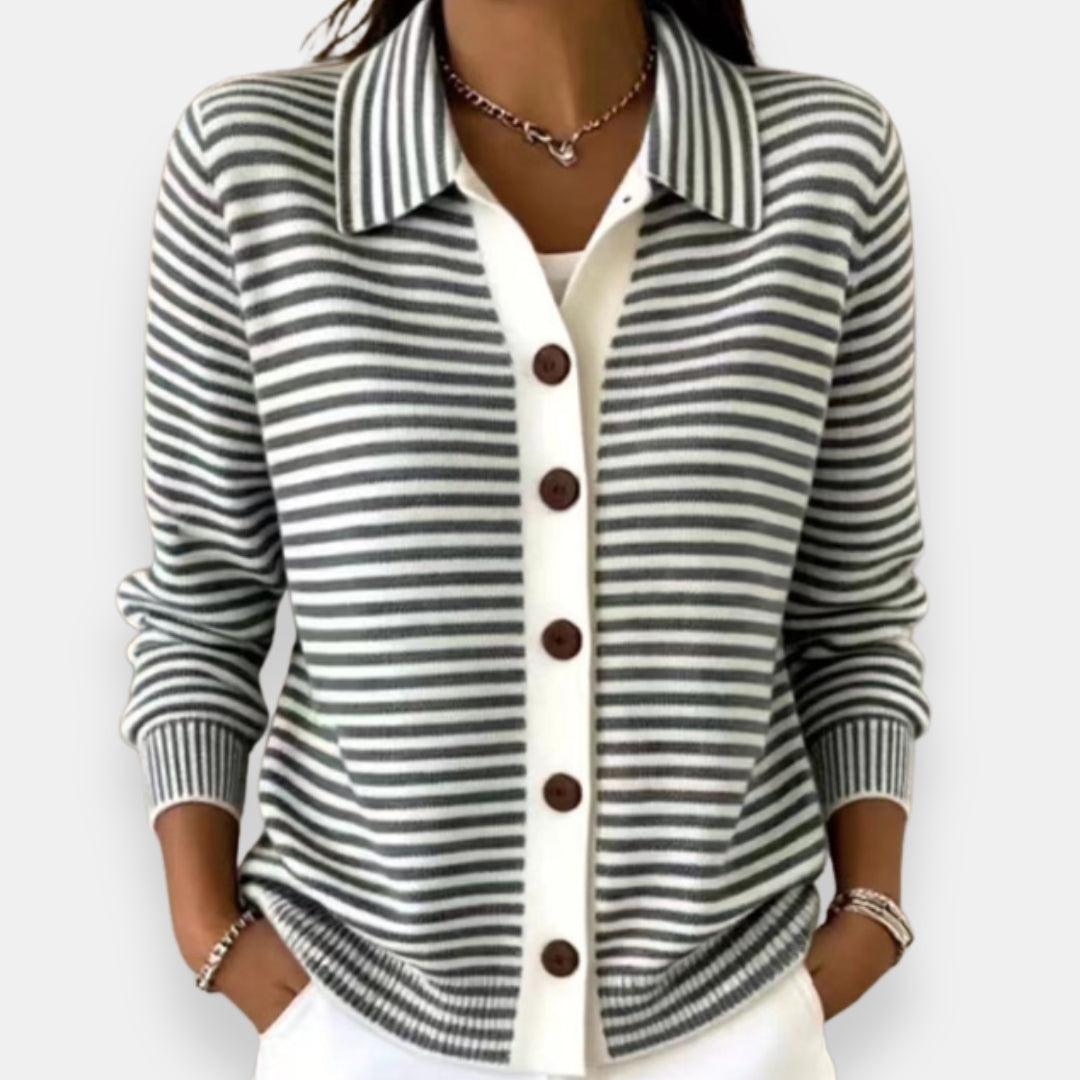 Larissa | Women's Striped Polo Collar Cardigan Sweater with Button Front