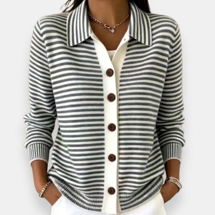 Larissa | Women's Striped Polo Collar Cardigan Sweater with Button Front