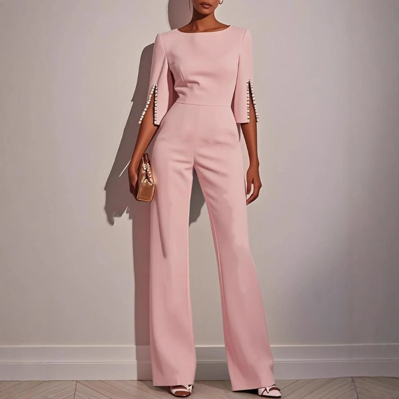 Pearl Trim Split Sleeve Bateau Neck Wide Leg Formal Jumpsuit