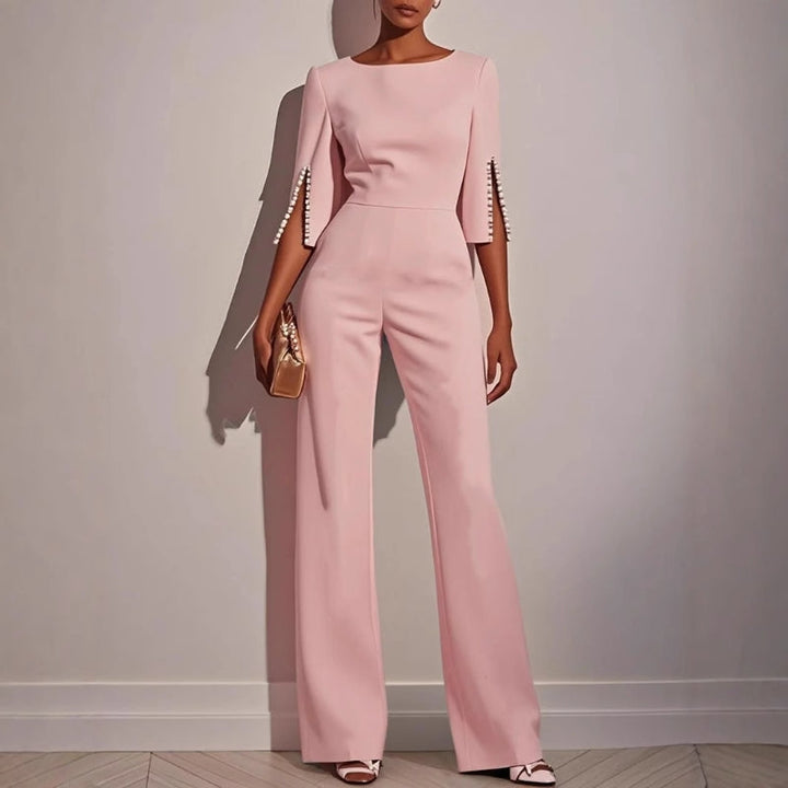 Pearl Trim Split Sleeve Bateau Neck Wide Leg Formal Jumpsuit