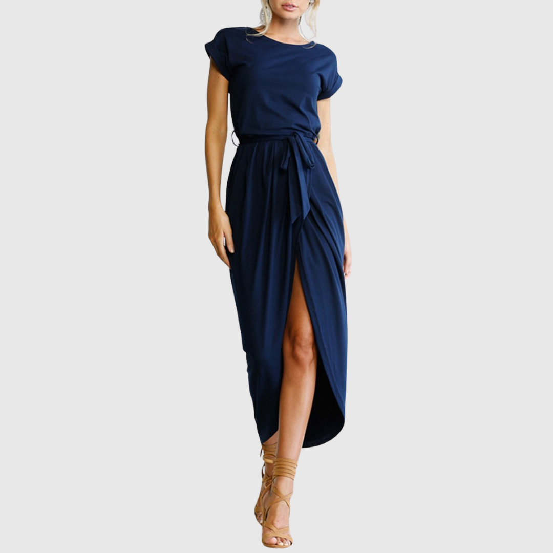 Cap Sleeve Belted Casual Midi Dress Side Split