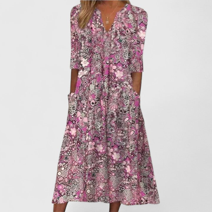 V Neck Floral Midi Dress Loose Fit