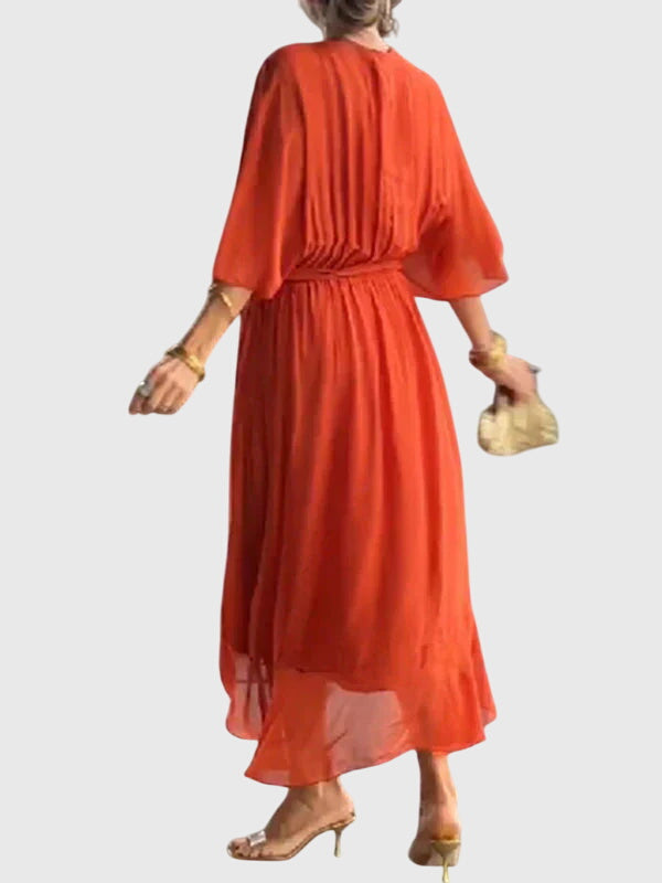 V Neck Belted Wrap Midi Dress Flowy Fit