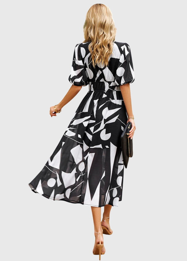 Short Sleeve Floral Midi Dress Elastic Waist