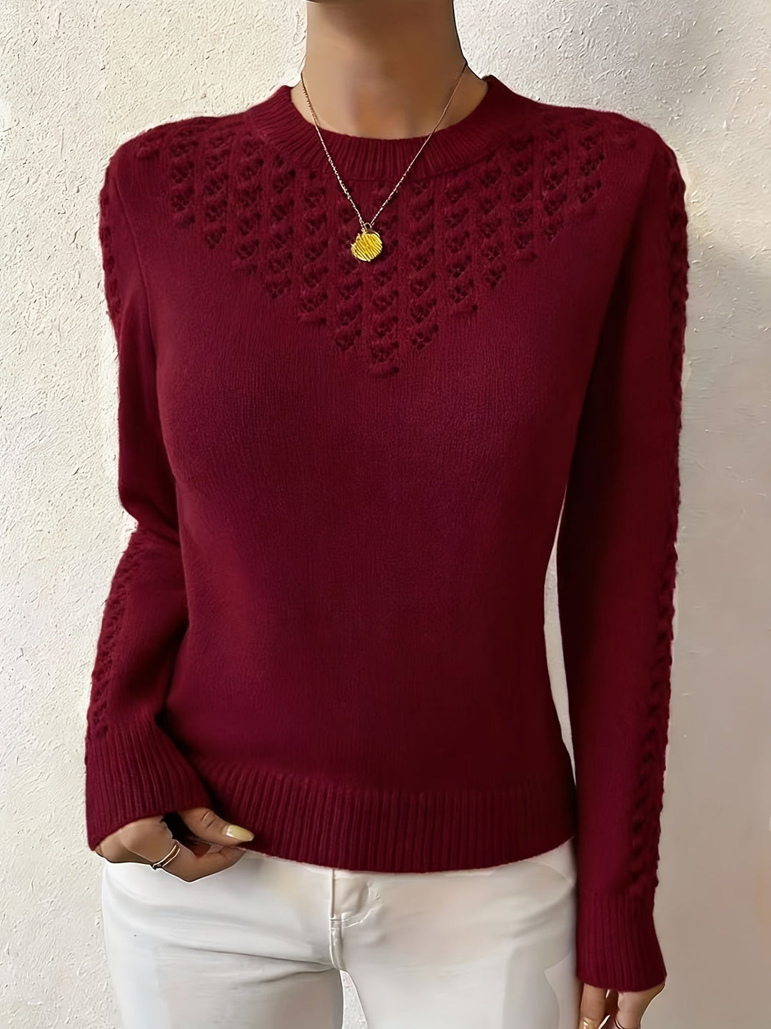 Guinevere | Women's Pointelle Knit Crew Neck Sweater