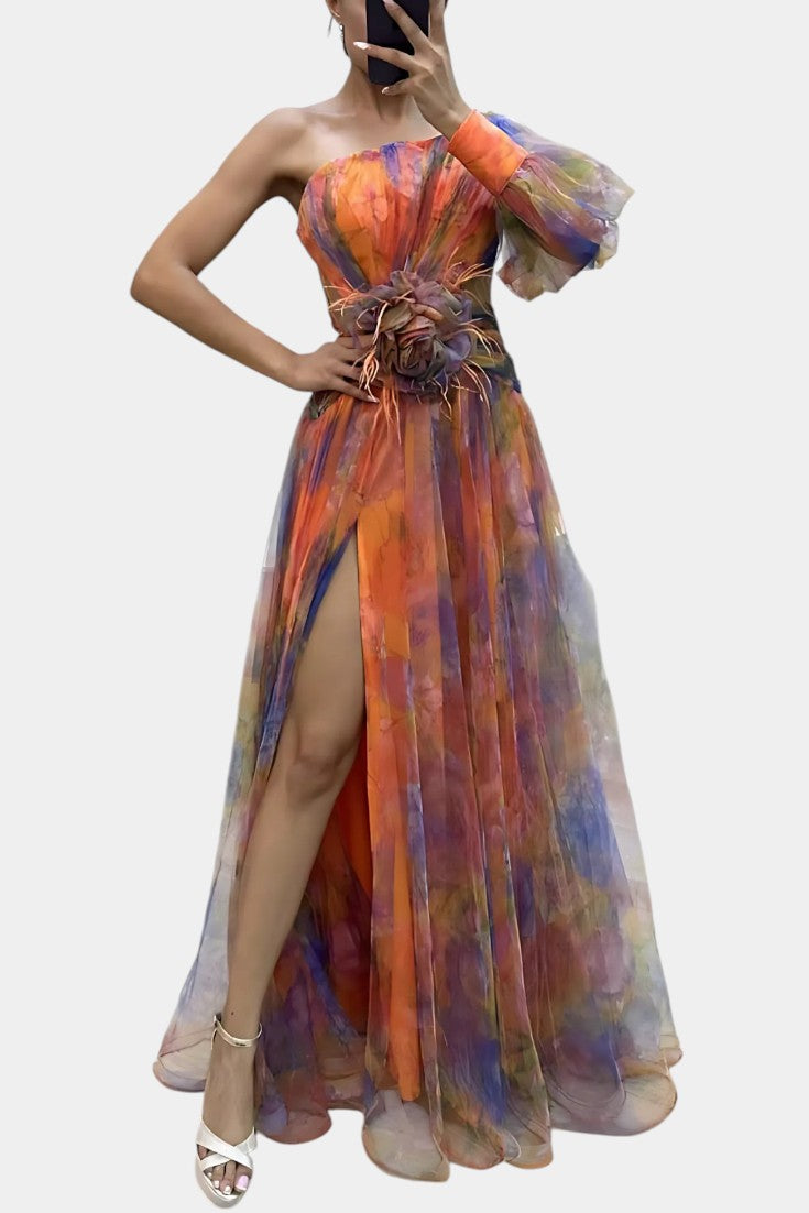 One Shoulder Floral Maxi Dress with High Split