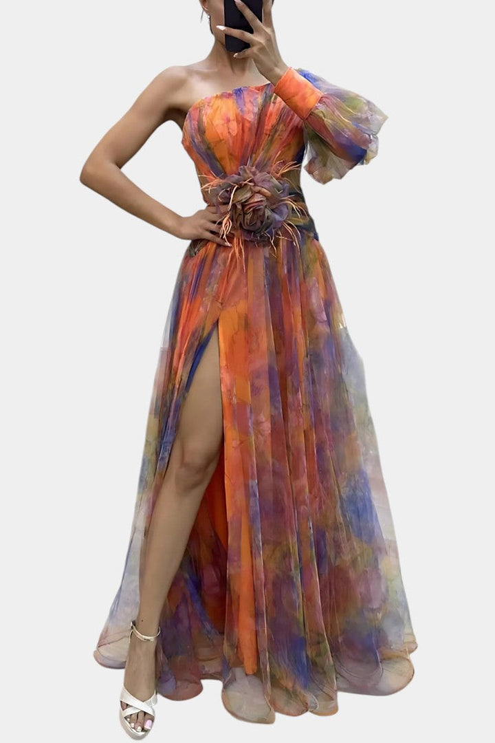 One Shoulder Floral Maxi Dress with High Split