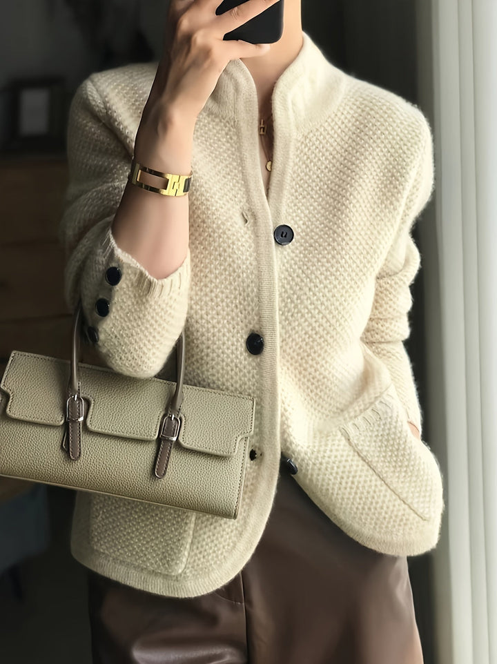 Genevieve | Women's Waffle Knit Button Cardigan with Patch Pockets